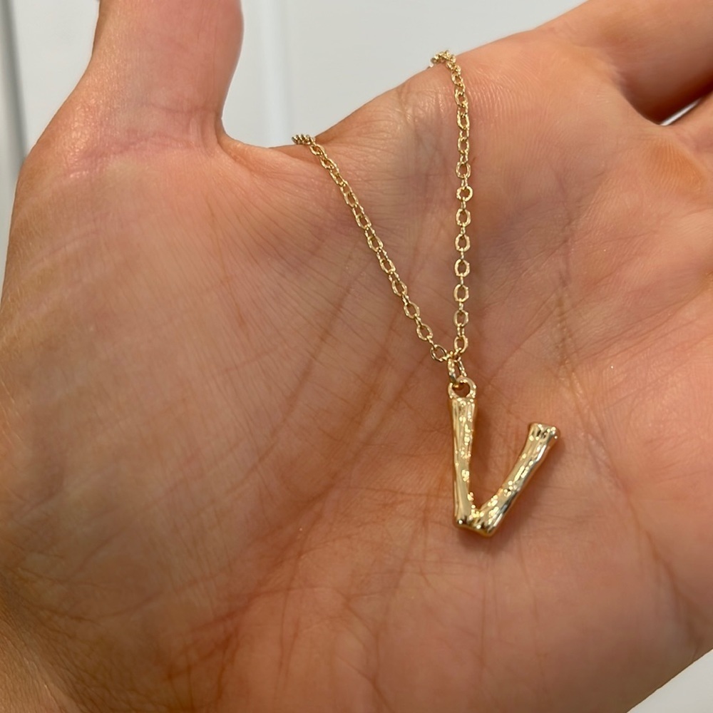 Gold Initial Letter Necklace Bamboo Link Charm V